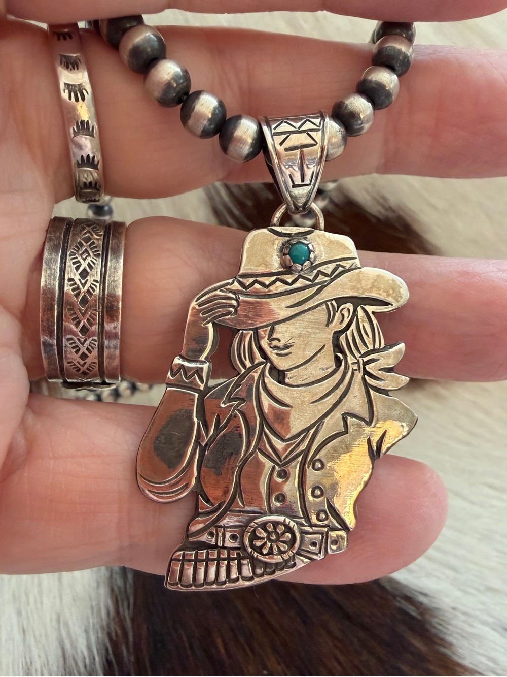 ❤️ Hand Stamped Sterling 925 Cowgirl Pendant w Turquoise Accent Decorative Bail